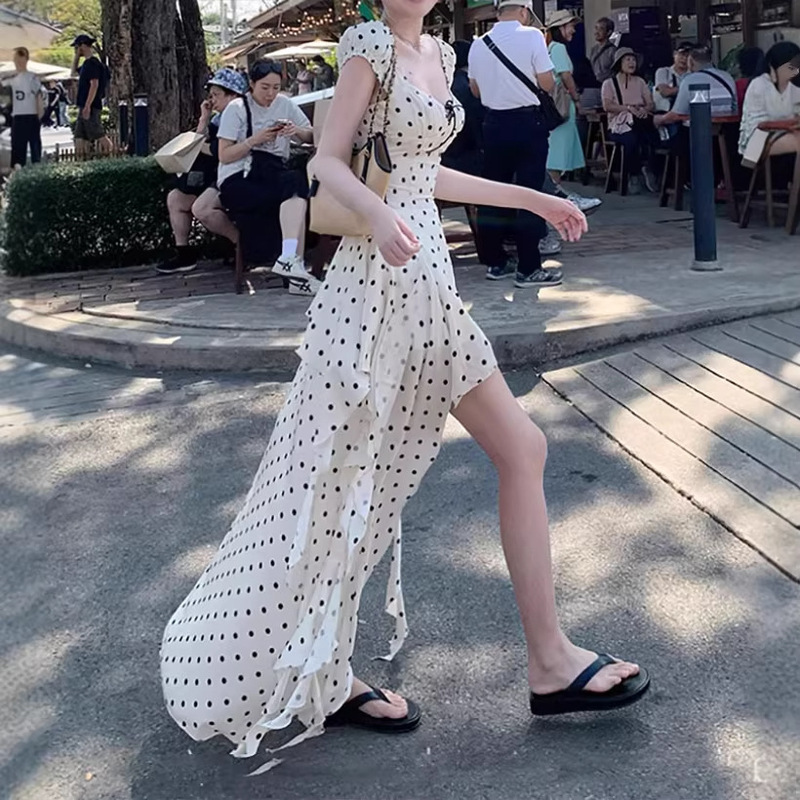 [Irregular Hem Dress] Satin Polka Dot Tencel Print Backless Long Dress