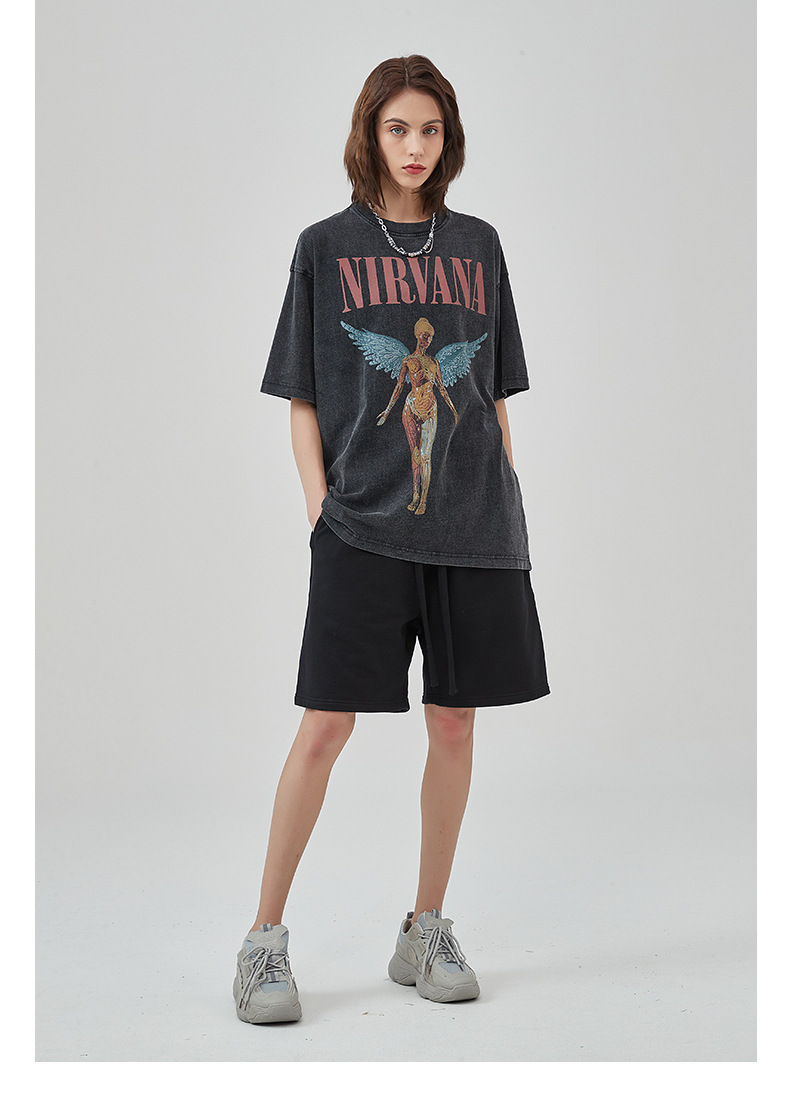 Erkek Yeni Yıkama Eski Rock Grubu Baskılı Kısa Kollu Sokak Modası Marka Yuvarlak Yaka Tişört_voghion.com