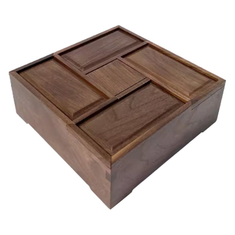 Nogal negro Nuevo estilo chino Jiugongge plato de fruta caja de dulces multifuncional creativa sala de estar de madera maciza plato de nuez caja de fruta seca comida