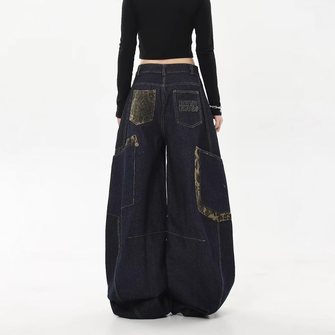 American Retro Niche Distressed Wide-Leg Jeans for Women in Autumn and Winter New Loose and Slim Leopard Print Stitching Scimitar Pants