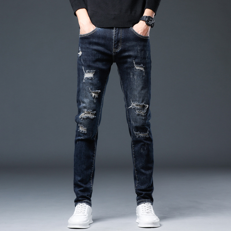 Xintang nuevo rasgado bordado jeans de estilo coreano de los hombres de moda estiramiento adelgazante Delgado casual pequeños pies pantalones largos hombres