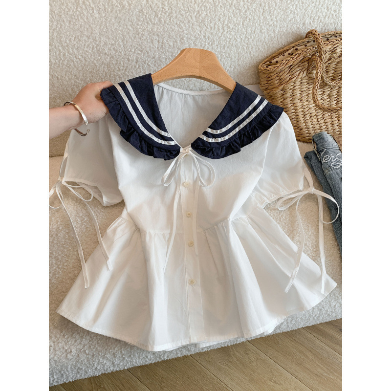 College Style Navy Collar Short-Sleeved Shirt for Women Summer 2026 New Design Lace-Up Waist Slimming Top College Style Navy Collar Short-Sleeved Shirt for Women Summer 2026 New Design Lace-Up Waist Slimming Top