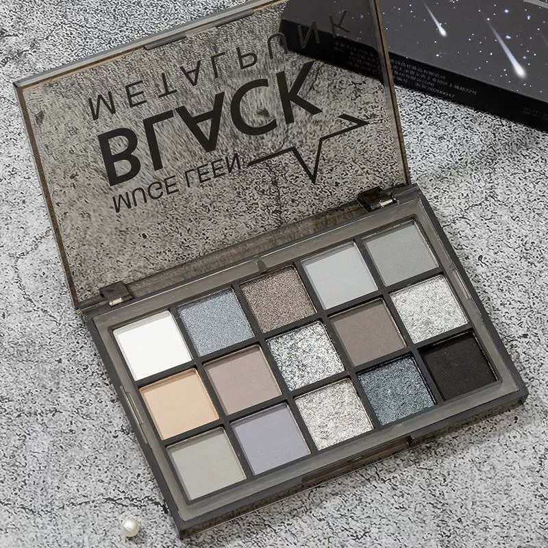 Палетка теней для век (Muge Leen) 15 цветов, база smoky black, матовые металл-панк матовые и шиммеры