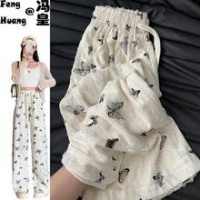 白色蝴蝶休闲裤女春夏季2025新款破洞设计烫钻爆款直筒宽松阔腿裤