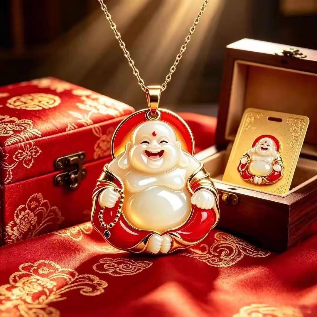 Crimson Maitreya Buddha Lotus Heart Laughing Buddha Pendant Enamel Blessing Maitreya Buddha Necklace Jewelry