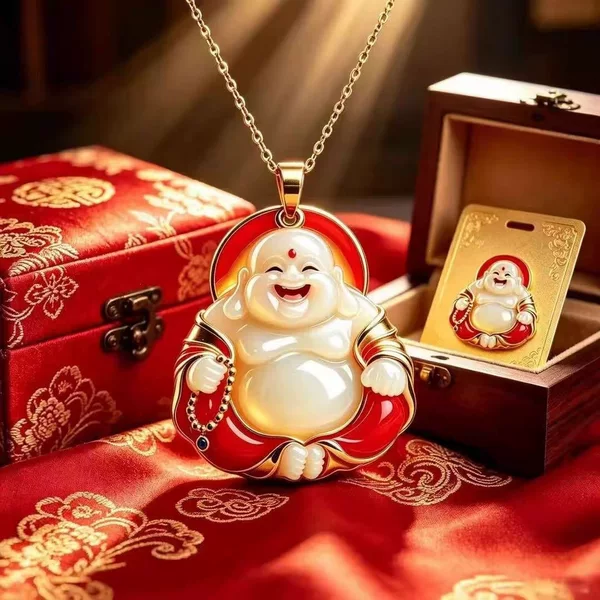 Crimson Maitreya Buddha Lotus Heart Laughing Buddha Pendant Enamel Blessing Maitreya Buddha Necklace Jewelry