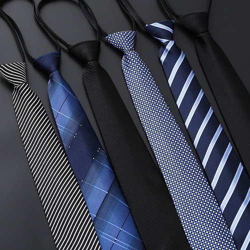 Men's Business Formal Zip Tie Tie, Blue Striped Korean Version Black Lazy Tie One-Pull