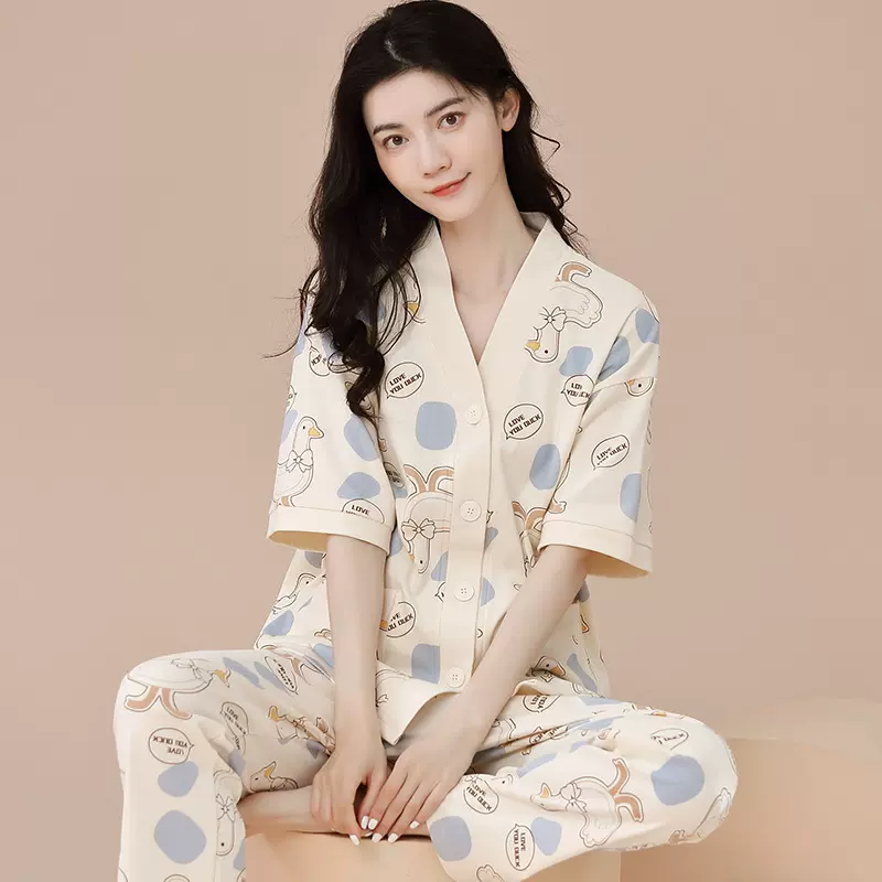 纯棉睡衣女士短袖长裤可爱卡通少女家居服夏季薄款凉爽可外穿套装