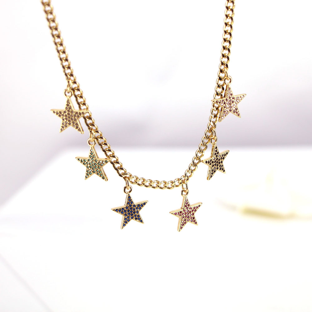 Colorful zircon star tassel pendent copper inlaid zircon necklace female