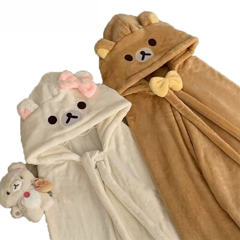 Rilakkuma Cartoon Children's Cape Cloak Winter Warm Sleep Robe with Hood Thickened Lazy Nap Blanket