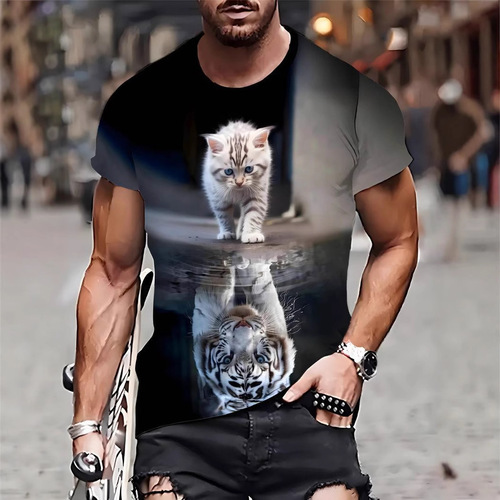 ladaza Cross-border 3D Digital Men's Short-sleeve European and American Cat Animal Pattern T-shirt Summer Breathable Sweat-proof Top