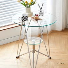 休闲阳台钢化玻璃桌圆形小餐桌洽谈桌茶桌圆桌面中古风复古桌茶几