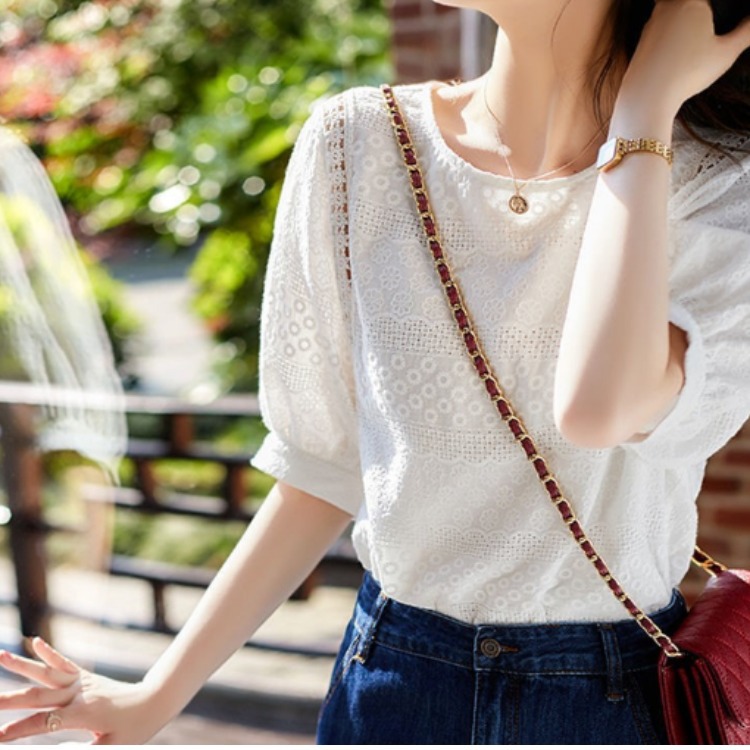 Pure cotton hollow puff sleeve lace shirt for women 2024 summer new…