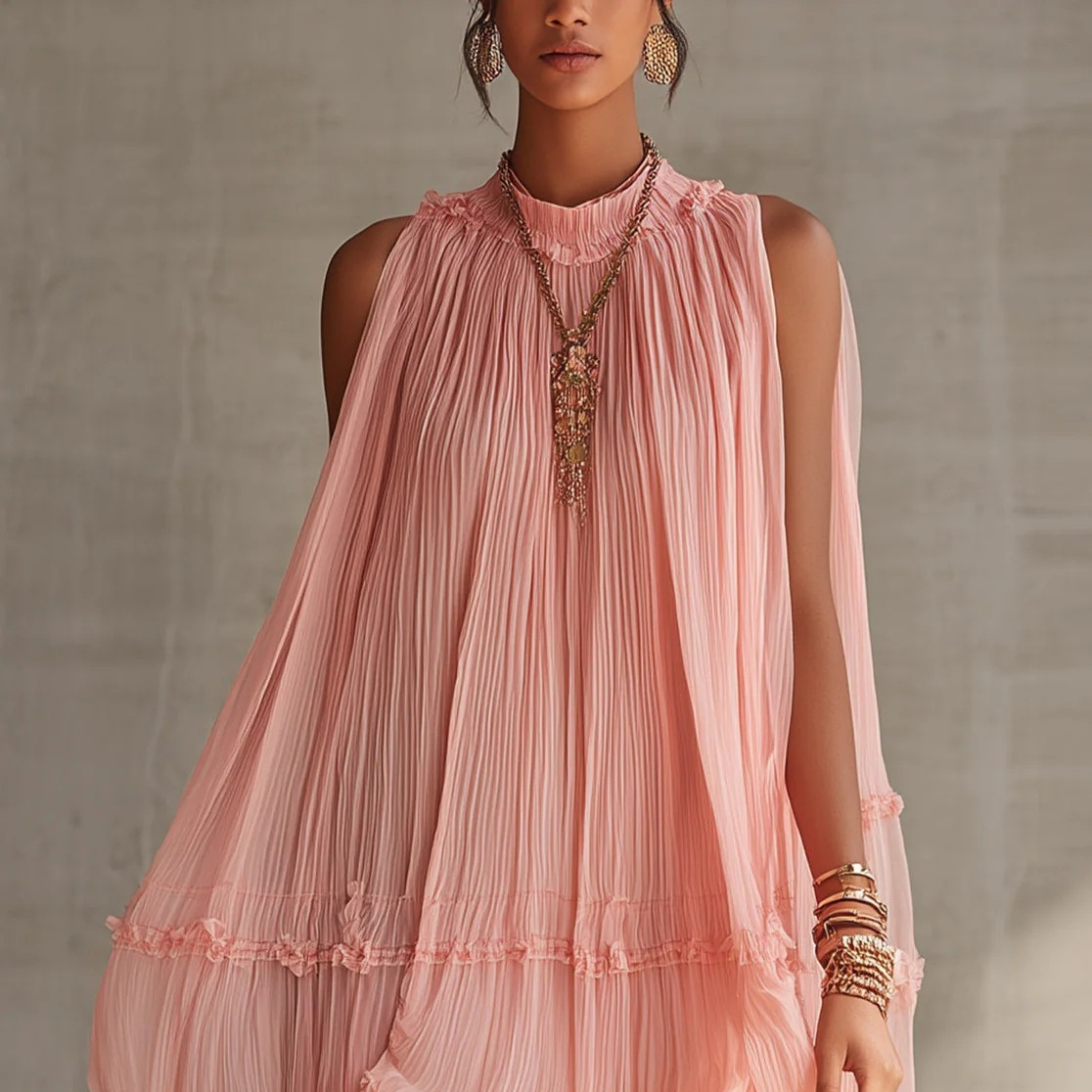 Sleeveless Pleated Short Skirt for Women, Loose Fit, Flared Hem, Ruffled Edge, Pleated A-Line Babydoll Dress, Vacation Short Dress