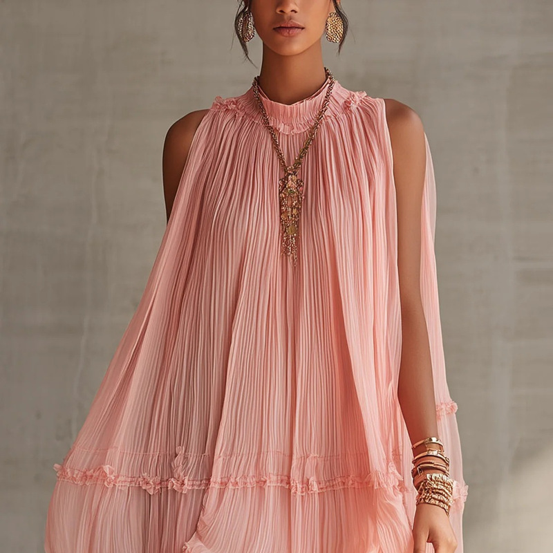 Sleeveless Pleated Short Skirt for Women, Loose Fit, Flared Hem, Ruffled Edge, Pleated A-Line Babydoll Dress, Vacation Short Dress Sleeveless Pleated Short Skirt for Women, Loose Fit, Flared Hem, Ruffled Edge, Pleated A-Line Babydoll Dress, Vacation Short Dress