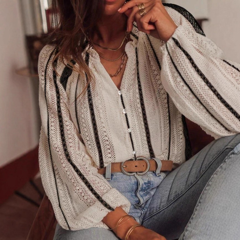 2025 European and American Cross-Border Elegant Ladies Lace Collar V Neck Puff Sleeve Geometric Pattern Translucent Button Shirt