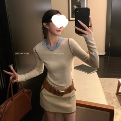 区区欧阳 撞色针织衫女冬季新款圆领内搭打底衫修身显瘦长袖上衣