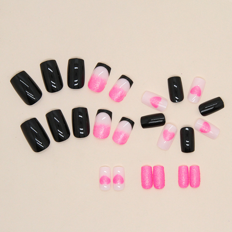 Canard mandarin noir de style européen, moyen à long, art avec dégradé de cœur rose, faux produits pour ongles_voghion.com
