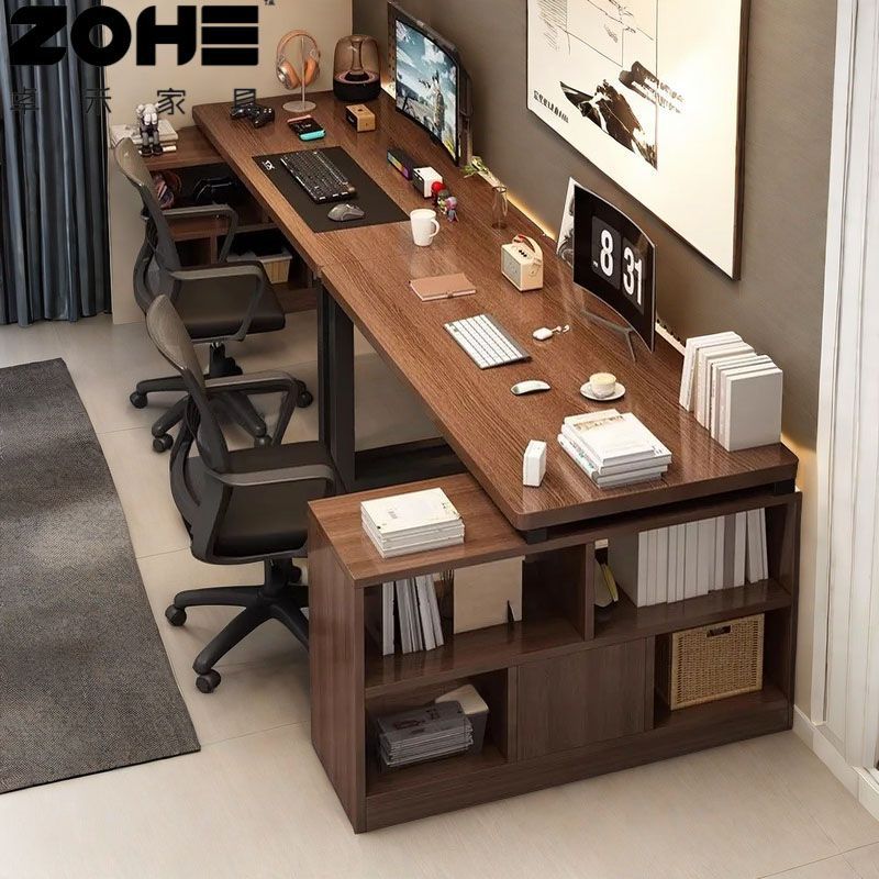 Double Computer Desk Gaming Table L-Shaped Desk Bookshelf Integrated Table Side-By-Side Home Office Desk Corner Table