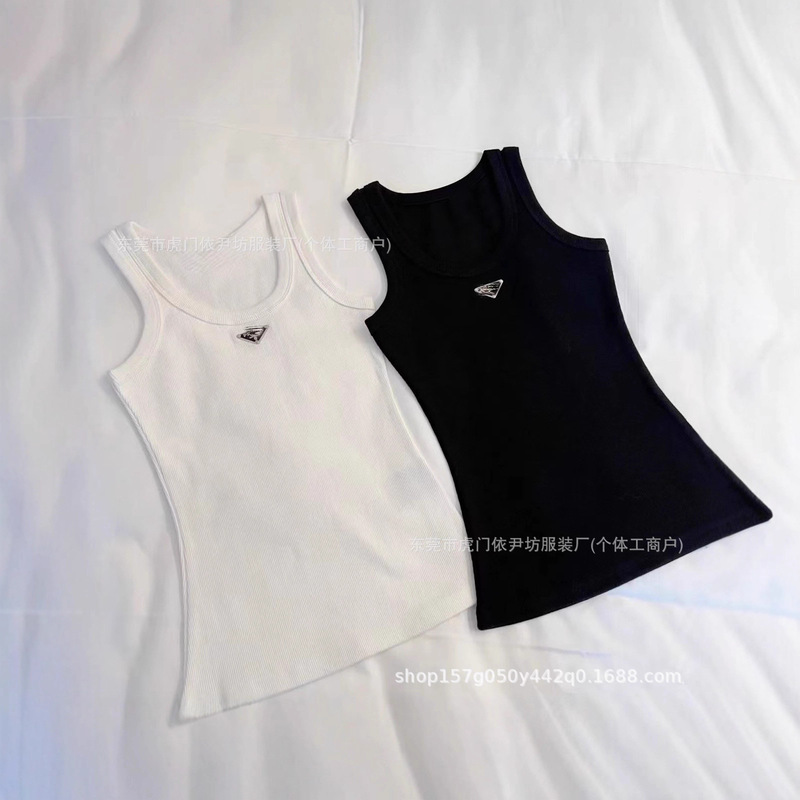 High Version Classic Summer P Brand Metal Triangle Logo Knitted Ribbed Tank Top Elastic Slim Base Camisole for Women