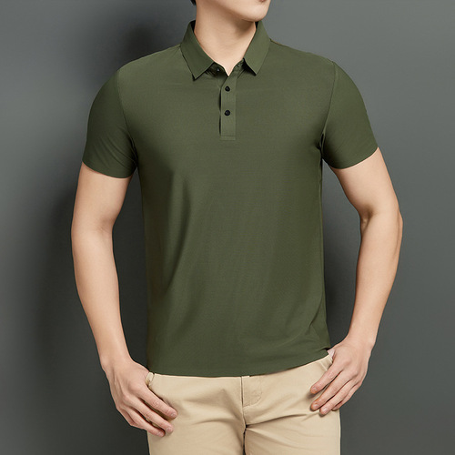 Summer new style ice silk short-sleeved polo shirt men's brocade ammonia traceless elastic solid color thin collar T-shirt men