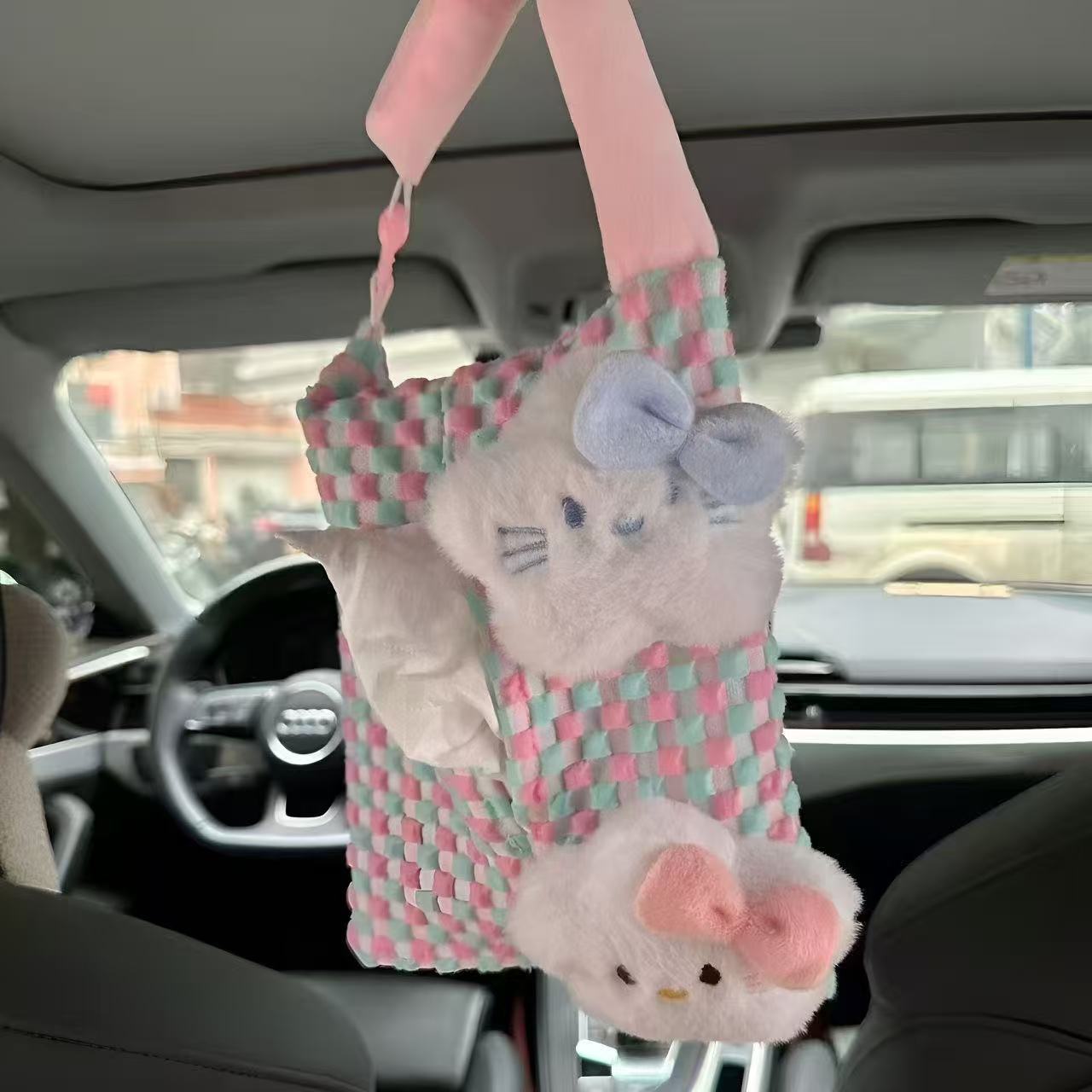 Car Tissue Bag Hanging Pouch Cute Star Pink Car Tissue Box for Interior Use Seat Tissue Bag Hanging Tissue Box