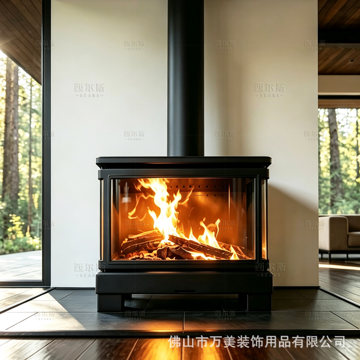 Three-sided glass wall-mounted fireplace, wood-burning real fire fireplace for villa living room, three-sided viewing and heating fireplace