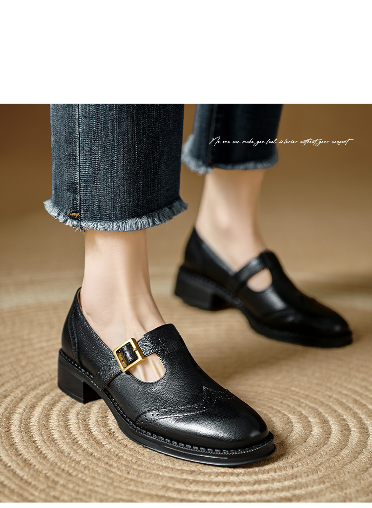 Giày Mary Jane nữ quai chữ T da bò gót dày phong cách brogue — màu nâu chi tiết 8