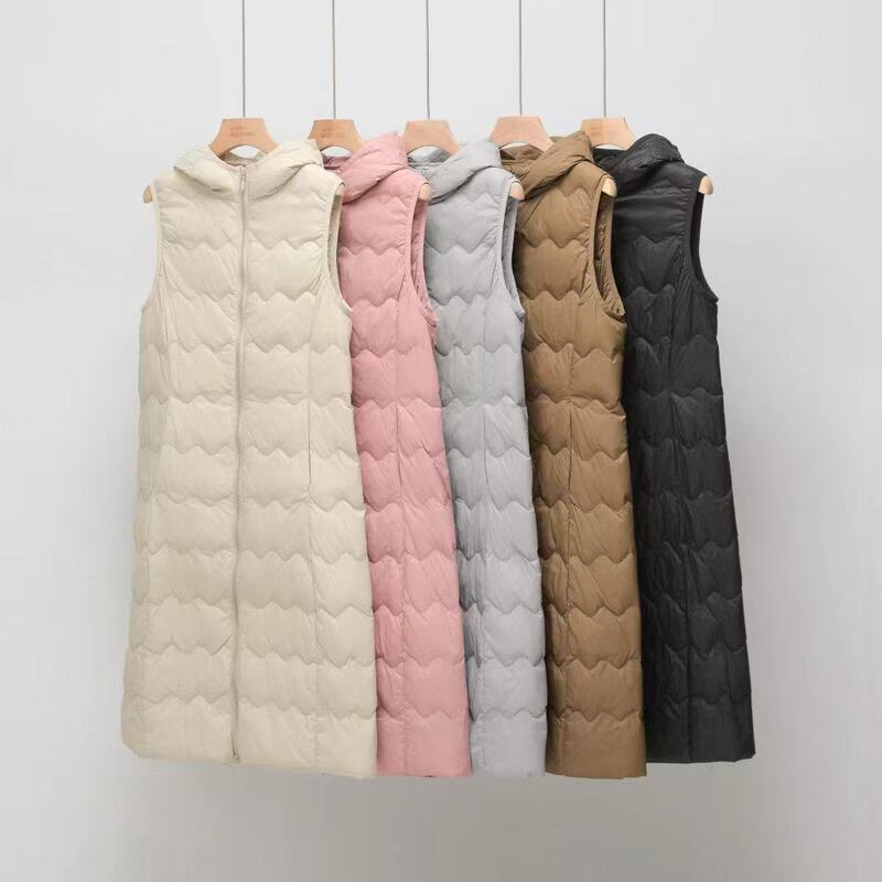 Pinghu Autumn and Winter New Lightweight down Jacket Vest Women's Long Hooded White Duck down Liner Warm Vest Jacket