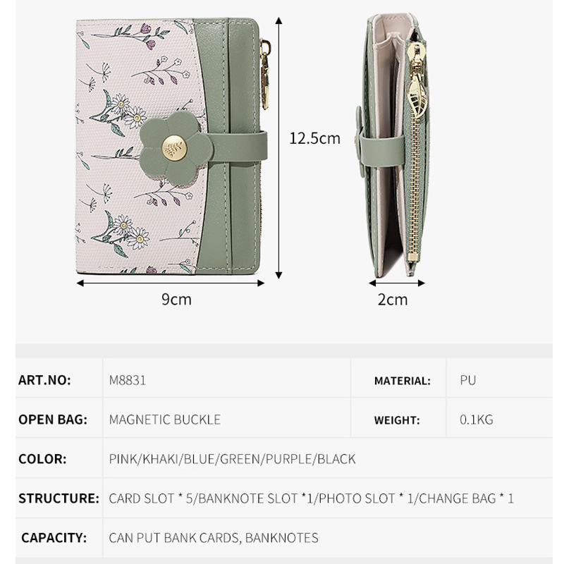 Nueva impresión coreana de flores y hierbas PU corta billetera de cremallera para mujeres.