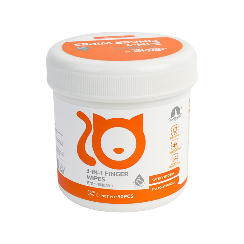 En stock al por mayor de cuero Taobao tres en uno conjunto de dedos toallitas húmedas 50 piezas multifuncional suministros de limpieza para mascotas conjunto de dedos toallitas húmedas