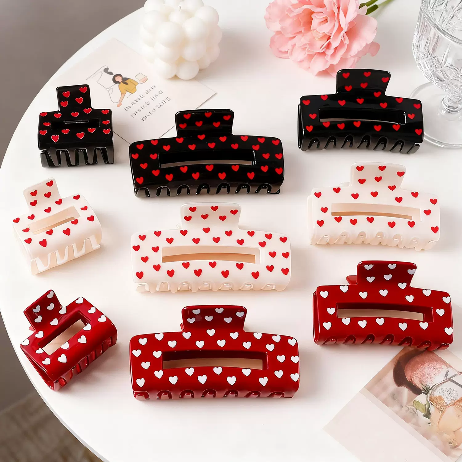 戈蕾思饰品氛围感爱心抓夹心形印花发夹鲨鱼夹红黑白情人节发饰女