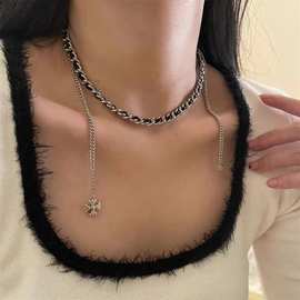 韩国个性设计十字架皮革缠绕项链金属冷淡风锁骨链颈链百搭项饰女
