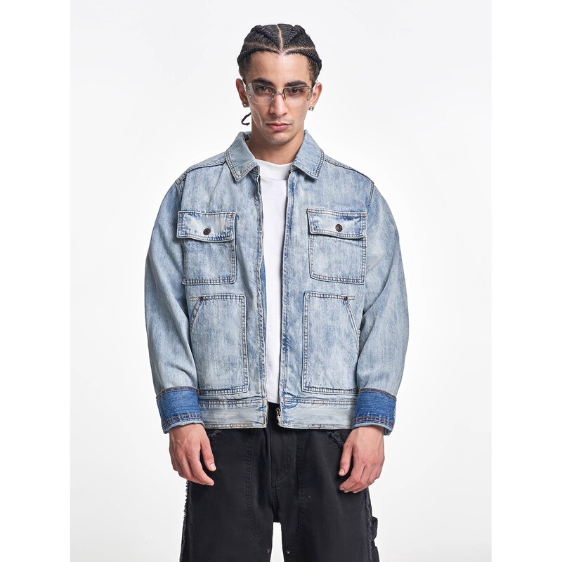 Mt99 [Workwear Light Blue Distressed Denim Jacket] Trendy Brand Street Style Multi-Flap Pocket Pants Street Style Spring & Fall Jacket