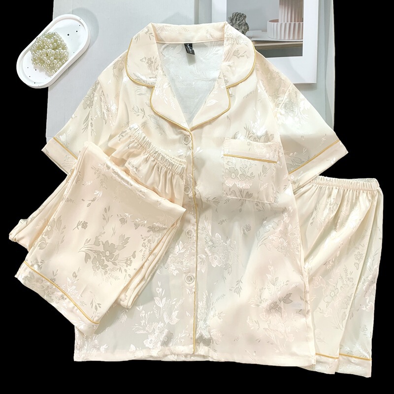 Spring and Summer Ice Silk Padded Pajamas Three-Piece Set Trendy Women's National Style Design Light Luxury Loungewear Free Shipping