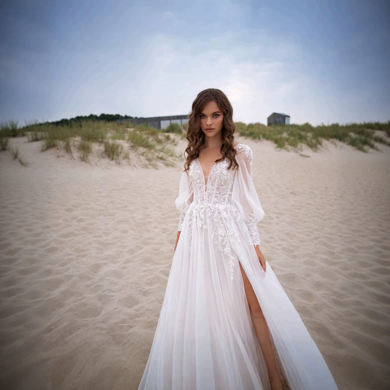 Abito da sposa leggero da donna, semplice, con scollo a V, pizzo e maniche lunghe, elegante abito da sera per matrimoni di nicchia._voghion.com