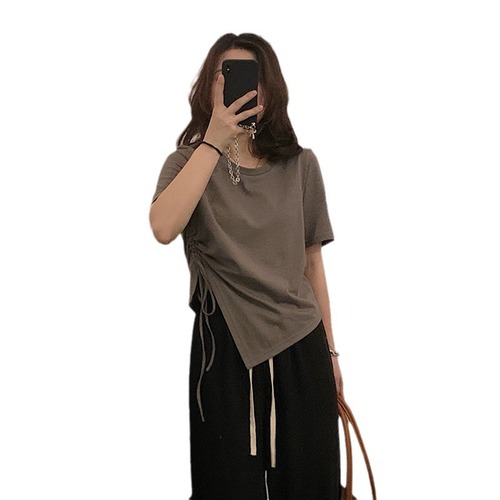 Women's Short-Sleeve T-Shirt for Summer, 2025 New Arrival with Drawstring Design, Unique and Minimalist Style, High-Waisted Student Top