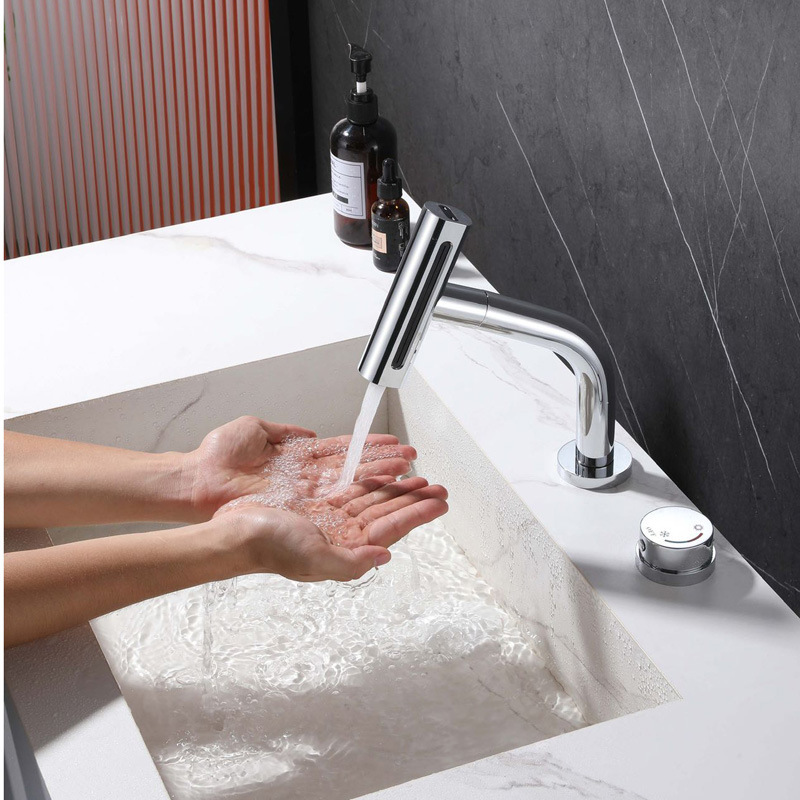 Bathroom bathroom sink splash-proof faucet double-hole split pull-out hot and cold faucet multifunctional water outlet
