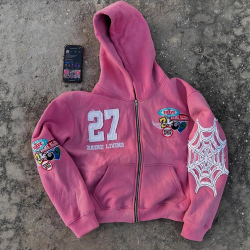 New European Leisure Zip Y2K Hoodie with American Trend Letter 3D Print Pullover Hooded Sweatshirt