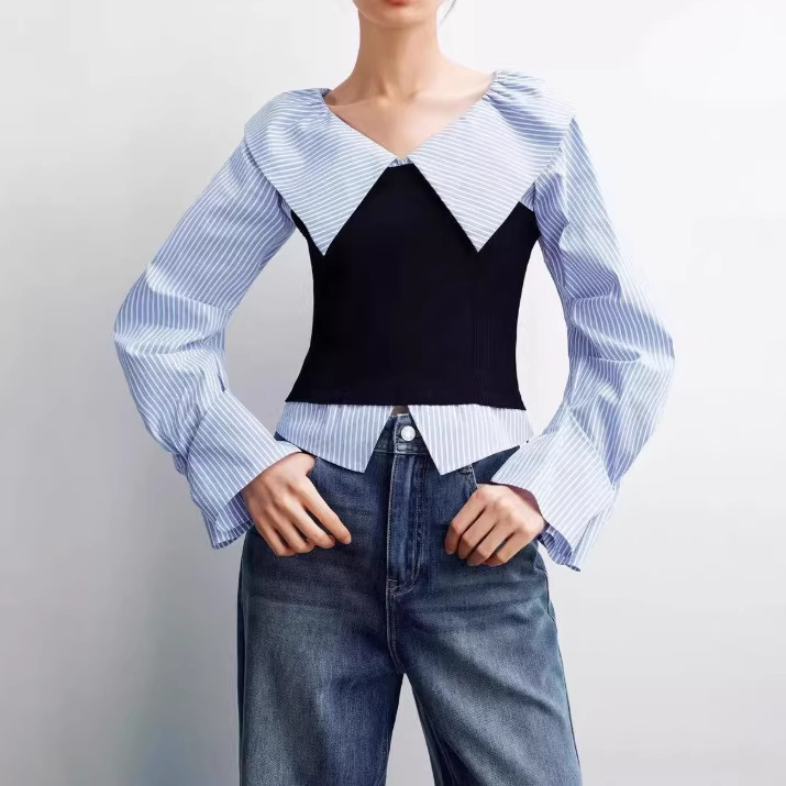 2026 Spring New Fashion Off-Shoulder Faux Two-Piece Striped Patchwork Shirt Women's Top A1Cdg1480 2026 Spring New Fashion Off-Shoulder Faux Two-Piece Striped Patchwork Shirt Women's Top A1Cdg1480