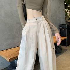 女性用既製オーバーオール 2024 秋背の高い綿抗シワウォッシュハイウエストストレートオールドマネースタイルワイドレッグパンツドレープ