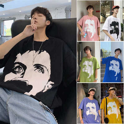 五分袖男港风夏季情侣韩版潮流嘻哈日系人脸印花宽松学生t恤上衣|ru