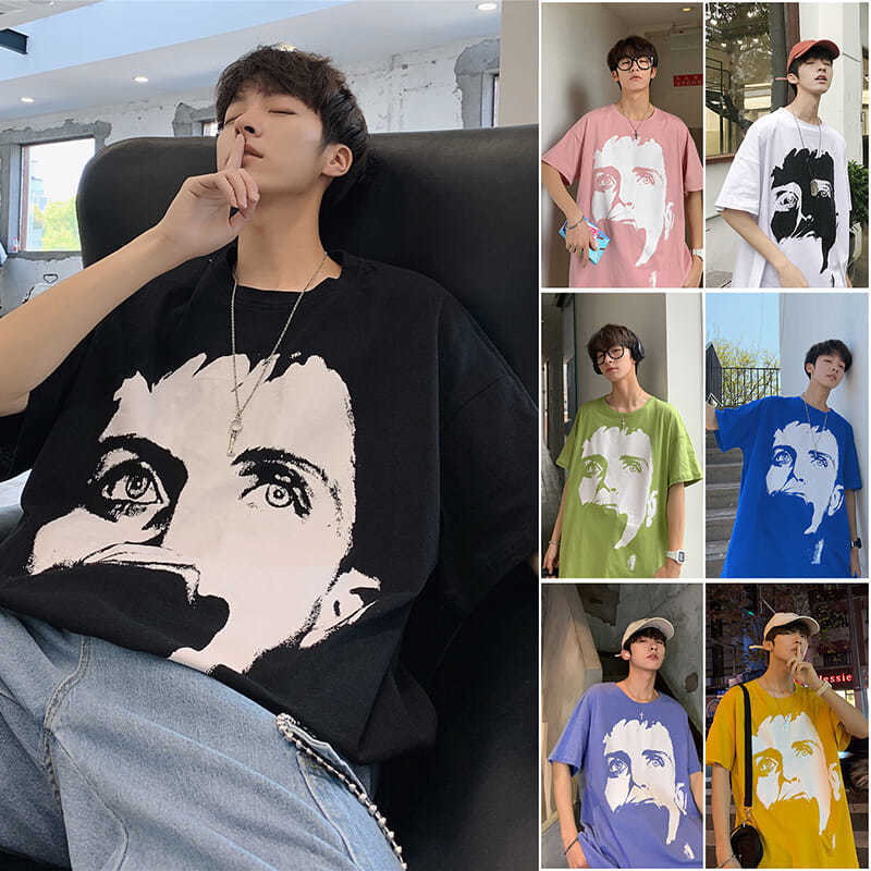 五分袖男港风夏季情侣韩版潮流嘻哈日系人脸印花宽松学生t恤上衣|ru