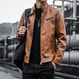 Spring and Autumn Men's Pu Leather Jacket Men's Korean Style Casual Men's Stand Collar Slim Motorcycle Leather Jacket Pu Jacket Men's Youth