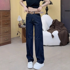 2025早秋新款牛仔裤女大码弹力显瘦窄版直筒拖地裤遮肉减龄阔腿裤