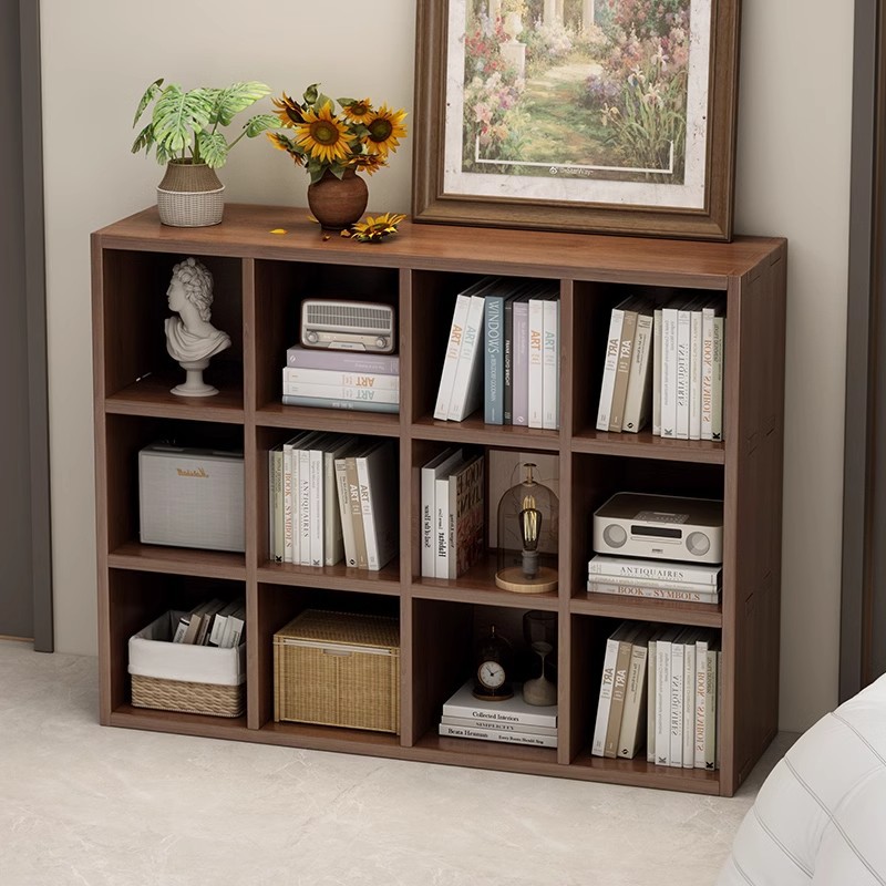 Estante de madera sólida estante de piso Doble contra la pared gabinete bajo librería de color nuez libre combinación gabinete de almacenamiento sala de estar