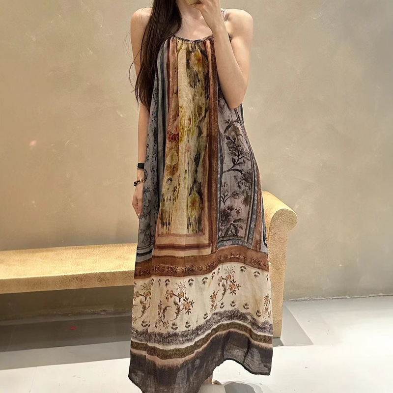 2026 Summer Nami Clothing Ethnic Style Designer Print Vintage Style Ramie Pleated Strap Dress
