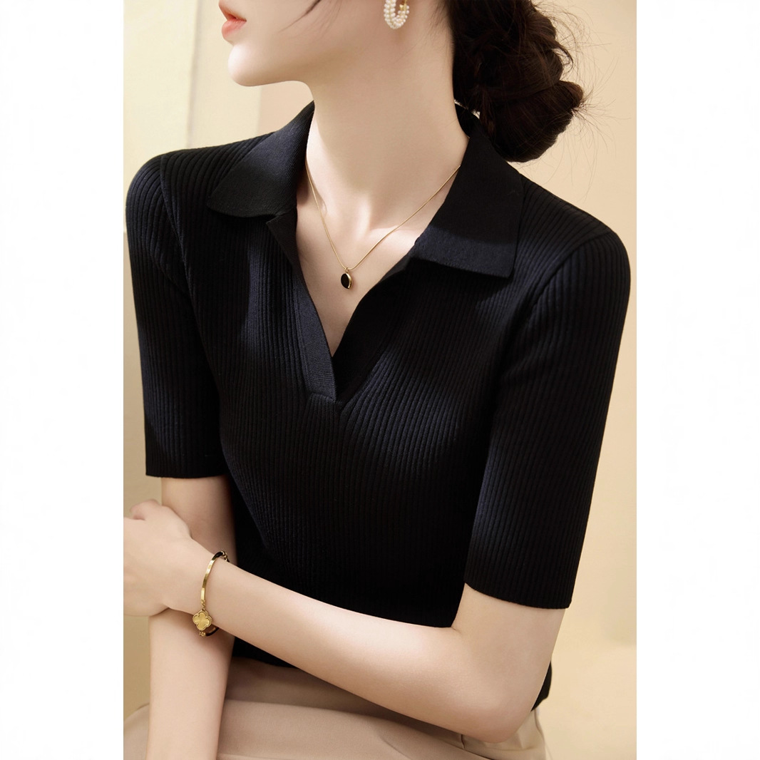 夏季2025新款正肩高级感Polo领黑色短袖针织衫女装冰丝T恤上衣薄