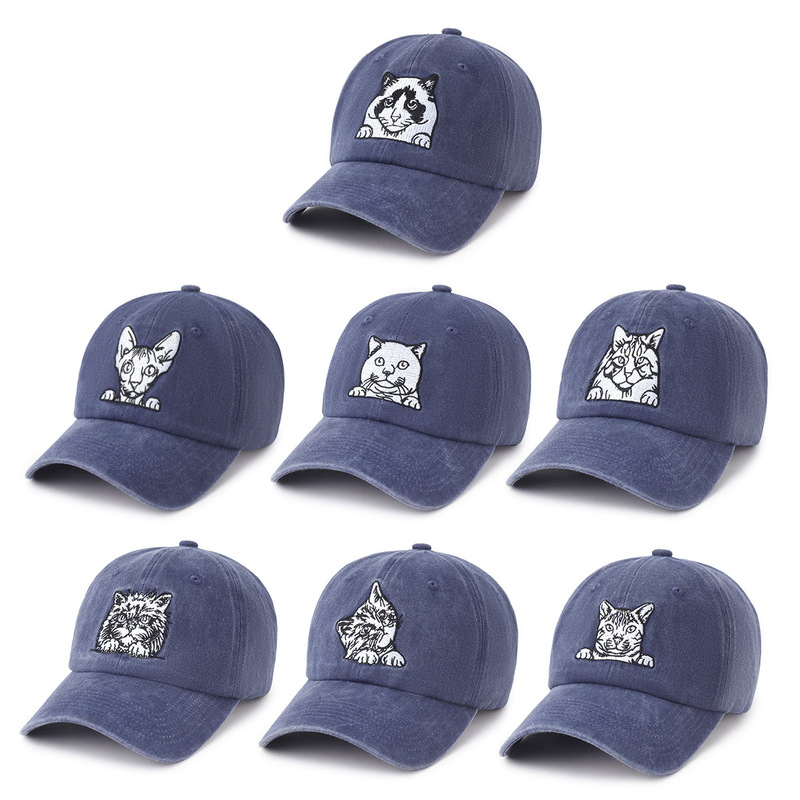 Washed Cat Embroidered Pet Expression Pack Cat Gift Hat Baseball Cap Men and Women Soft Top Peaked Cap K-Style