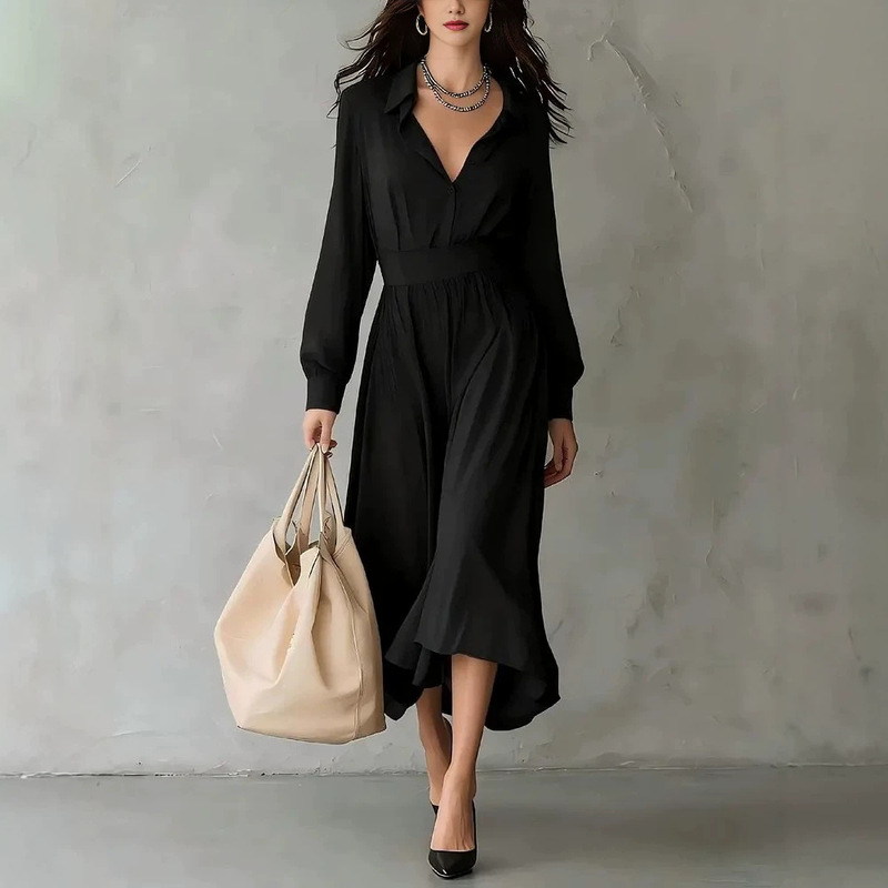 2026 European and American cross-border new women's solid color V-neck elegant waist-cinching long-sleeve drapey high-end versatile commuter dress
